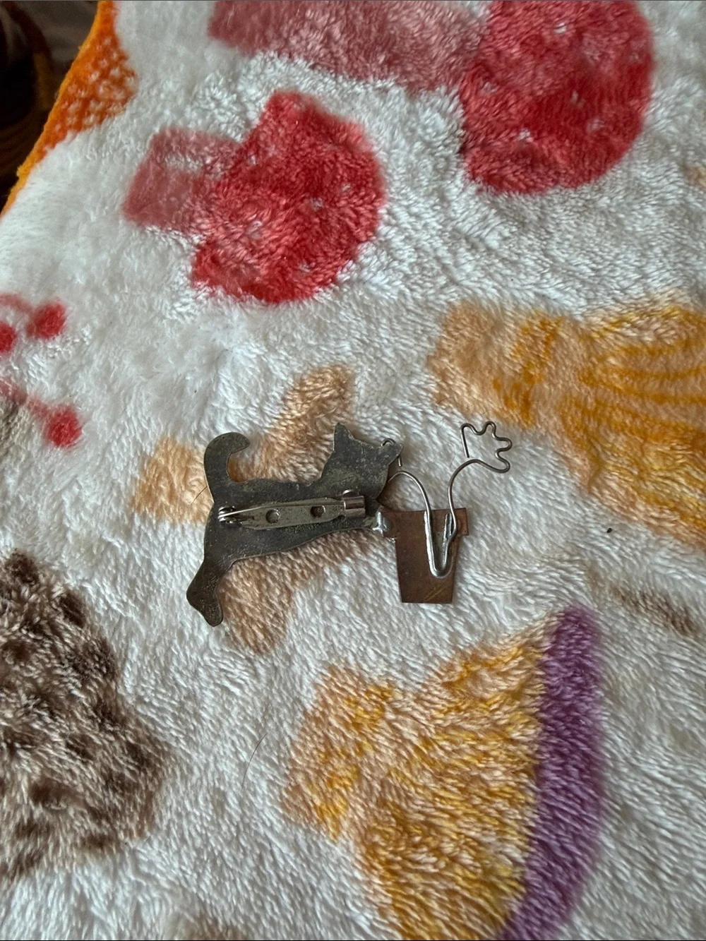 Whimsical Cat & Potted Plant Metal Pin - Gray and Copper Accent